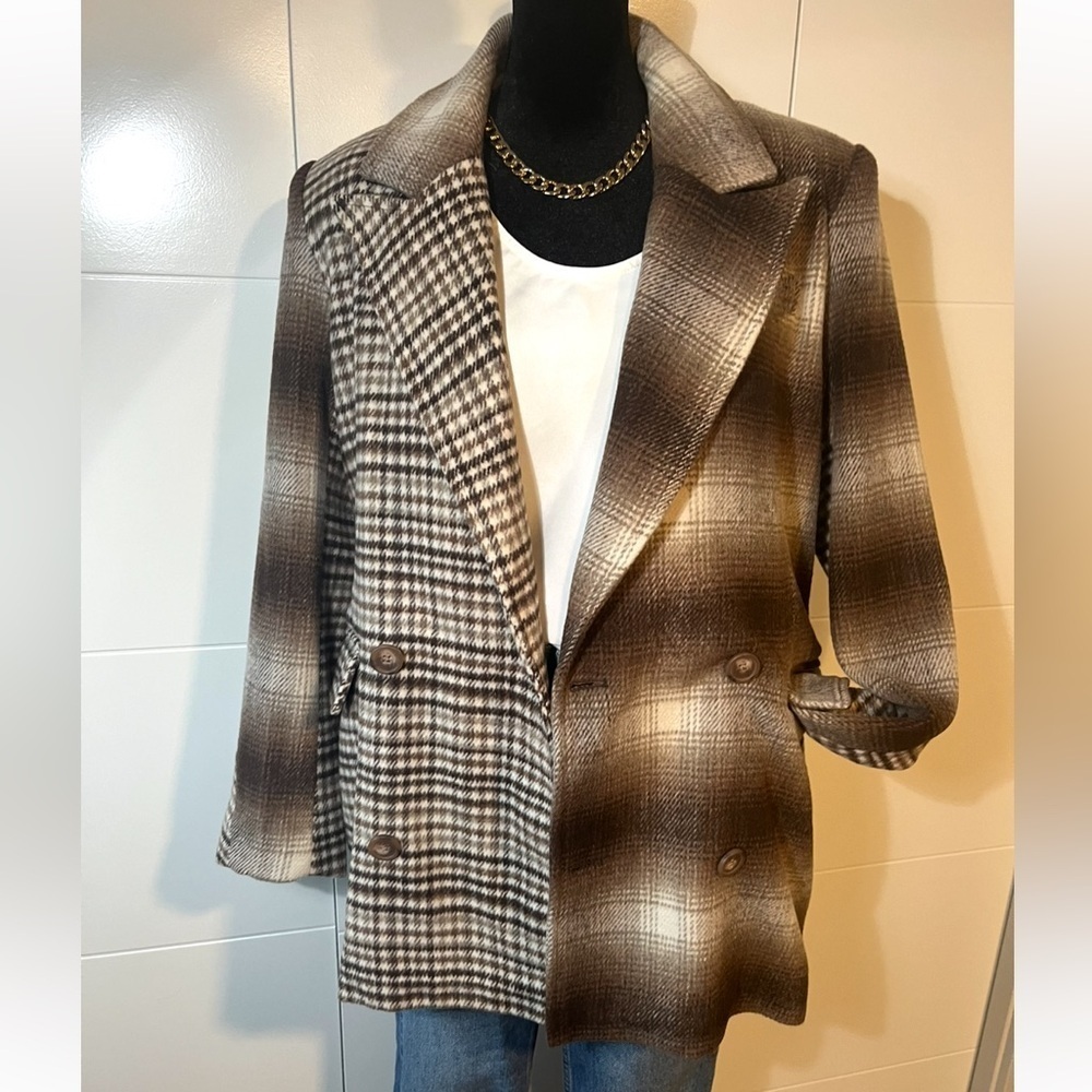 Avec Les Filles Brown Plaid Double Breasted Blazer Women’s M